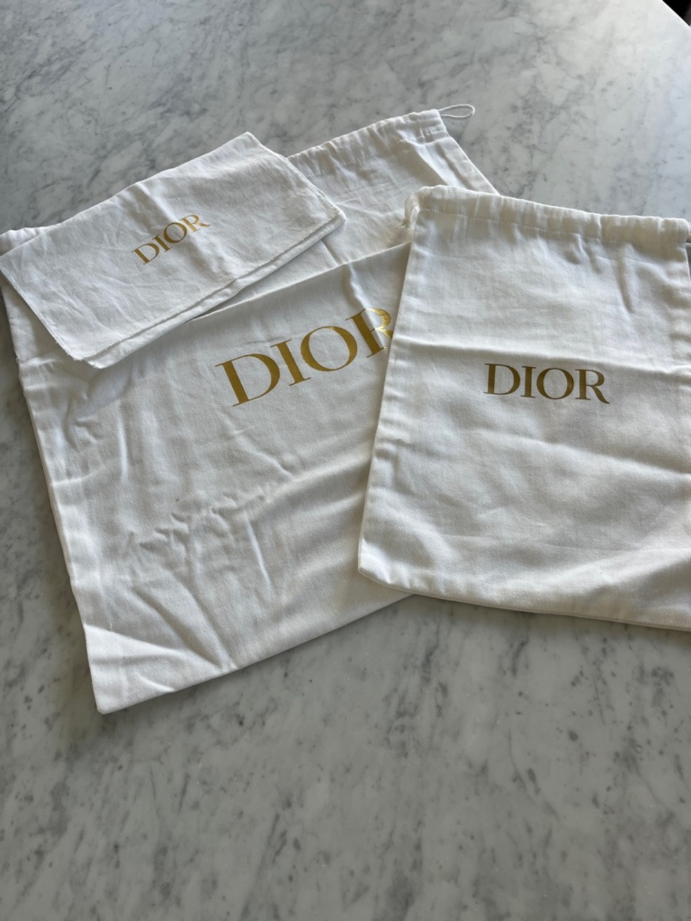 Dior White Cotton Drawstring Dust Bags with Gold Logo